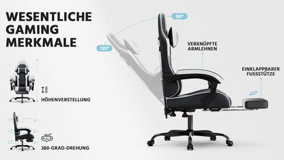 Ergonomic Gaming Chair with Footrest, PU Leather Computer Chair with Lumbar Support, Adjustable Reclining High-Back Swivel Office Chair for Gaming & Work
