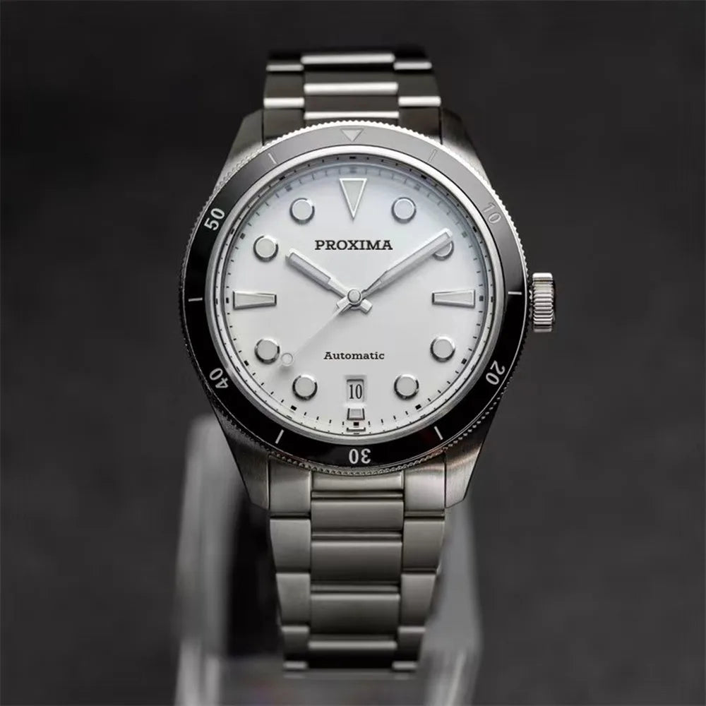 Proxima PX1697 39mm Men Watch White Enamel Dial Bubble Sapphire PT5000 SW200 Automatic Mechanical Vintage Watches 20Bar Luminous