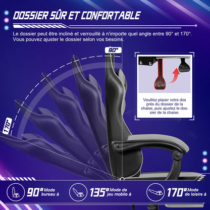 Portreen Ergonomic Gaming Chair with Footrest, Adjustable Lumbar Support, Headrest, 170° Reclining Swivel Gaming Chair for Office & PC Setup