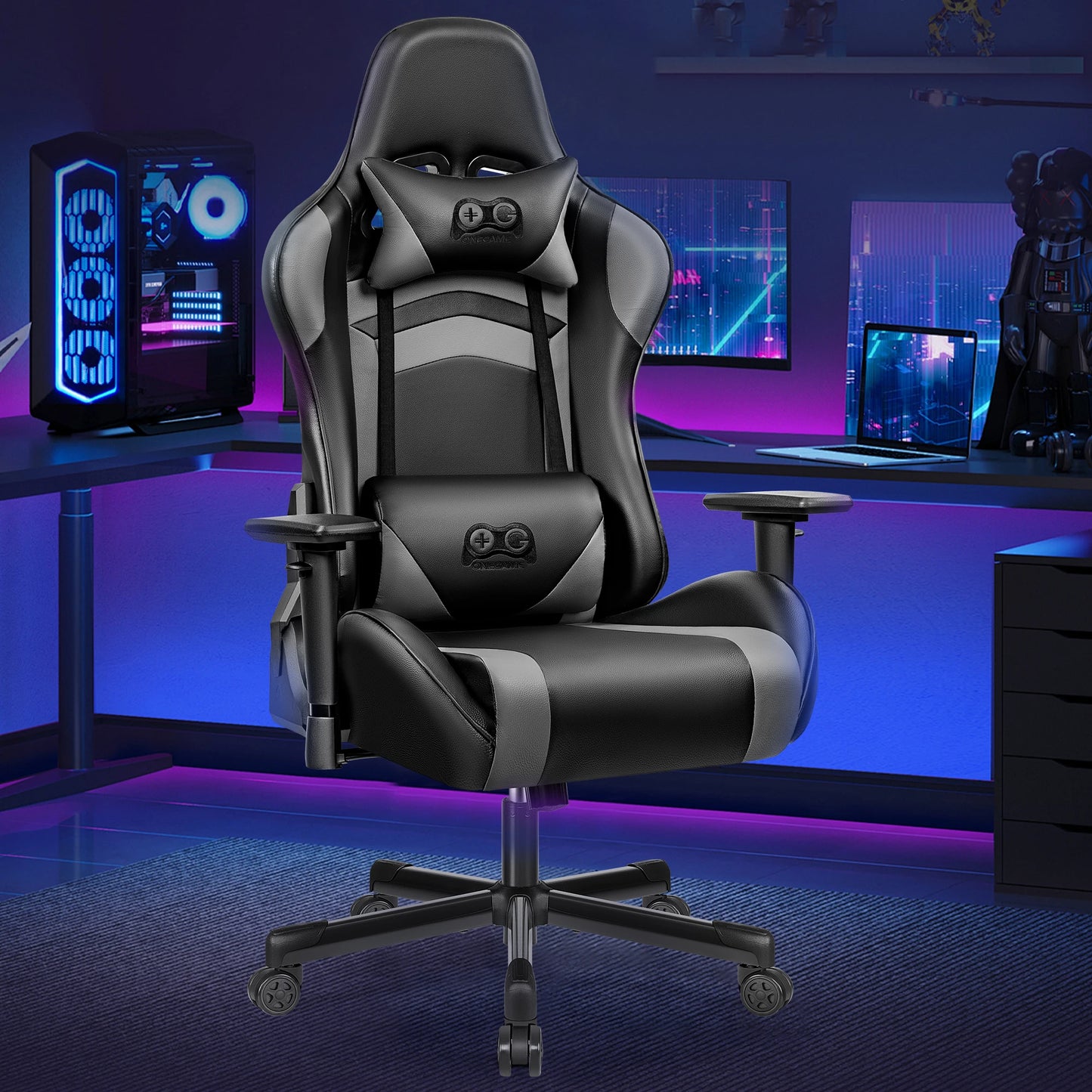 Gaming Chair, Ergonomic, PU Leather, Adjustable Armrests, Waterproof, Max 150kg, Black/Gray