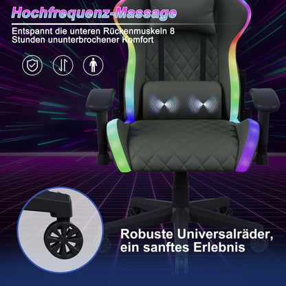 Comanlai Ergonomic Gaming Chair with RGB Lighting, PVC Leather Computer Chair, Adjustable Seat Height and Backrest, Waist Massage