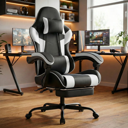 Ergonomic Gaming Chair with Footrest, PU Leather Computer Chair with Lumbar Support, Adjustable Reclining High-Back Swivel Office Chair for Gaming & Work