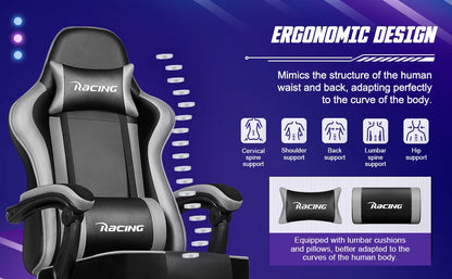 Portreen Ergonomic Gaming Chair with Footrest, Adjustable Lumbar Support, Headrest, 170° Reclining Swivel Gaming Chair for Office & PC Setup
