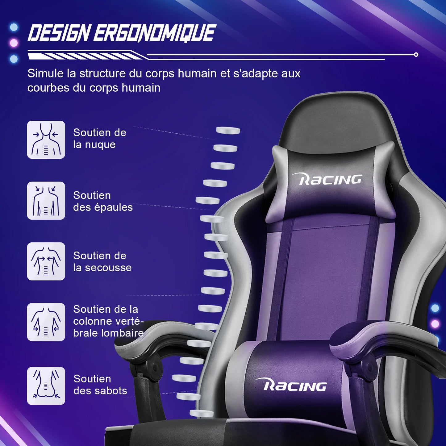 Portreen Ergonomic Gaming Chair with Footrest, Adjustable Lumbar Support, Headrest, 170° Reclining Swivel Gaming Chair for Office & PC Setup