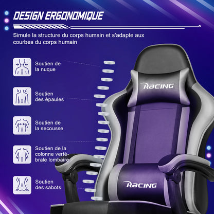 Portreen Ergonomic Gaming Chair with Footrest, Adjustable Lumbar Support, Headrest, 170° Reclining Swivel Gaming Chair for Office & PC Setup