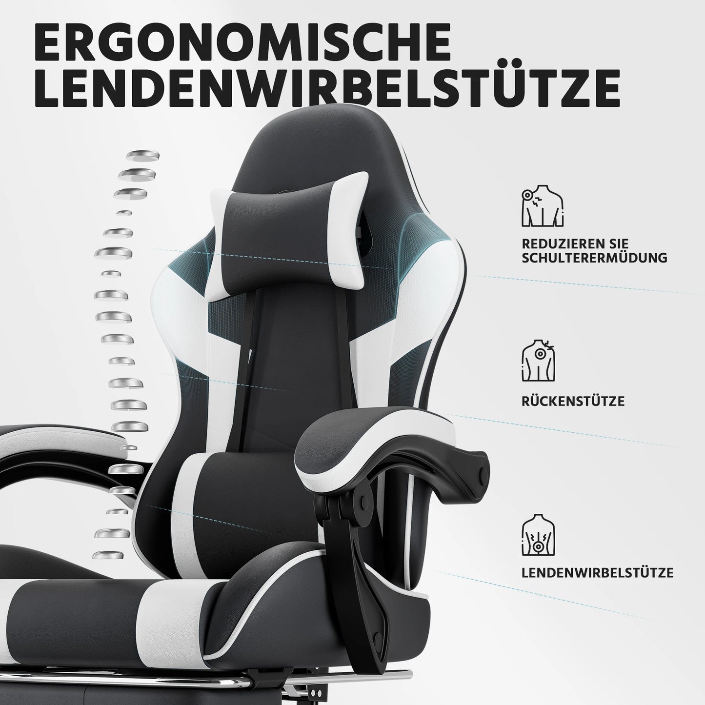 Ergonomic Gaming Chair with Footrest, PU Leather Computer Chair with Lumbar Support, Adjustable Reclining High-Back Swivel Office Chair for Gaming & Work
