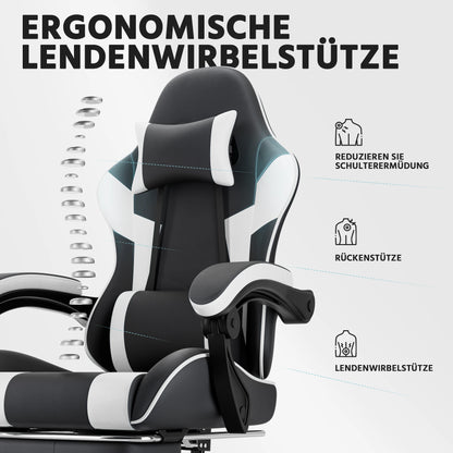 Ergonomic Gaming Chair with Footrest, PU Leather Computer Chair with Lumbar Support, Adjustable Reclining High-Back Swivel Office Chair for Gaming & Work
