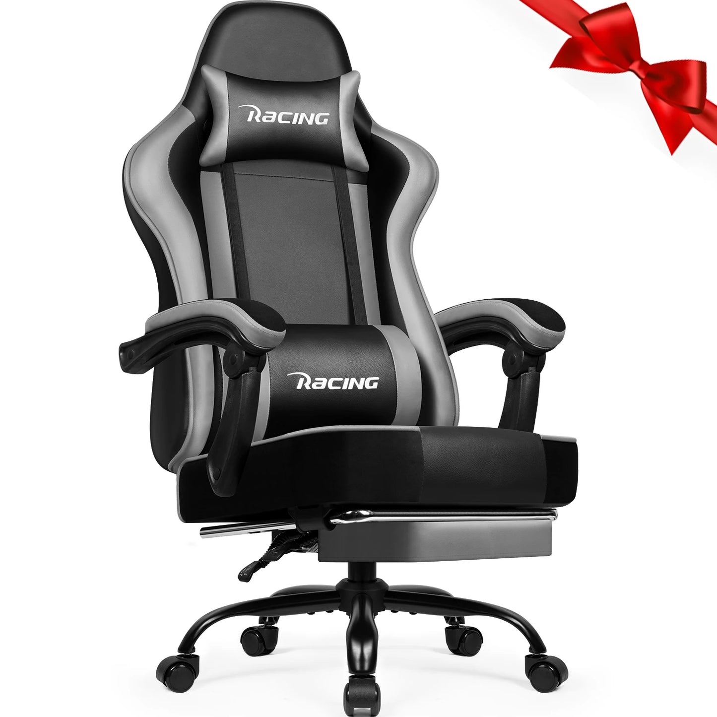 Portreen Ergonomic Gaming Chair with Footrest, Adjustable Lumbar Support, Headrest, 170° Reclining Swivel Gaming Chair for Office & PC Setup