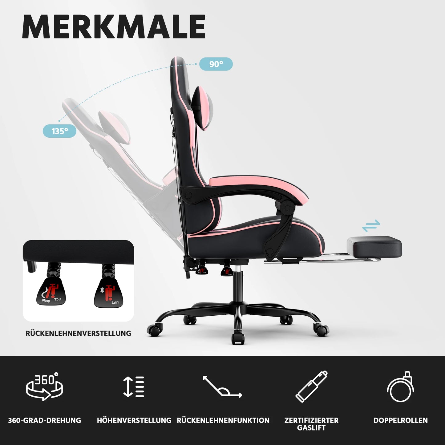 Black & Pink Gaming Chair, Ergonomic PU Leather Computer Chair with Footrest, Adjustable Swivel Office Chair with Lumbar Support & Headrest, Breathable High-Back Chair for Gaming & Work