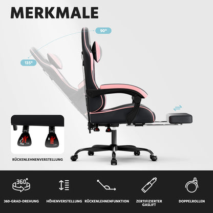 Black & Pink Gaming Chair, Ergonomic PU Leather Computer Chair with Footrest, Adjustable Swivel Office Chair with Lumbar Support & Headrest, Breathable High-Back Chair for Gaming & Work