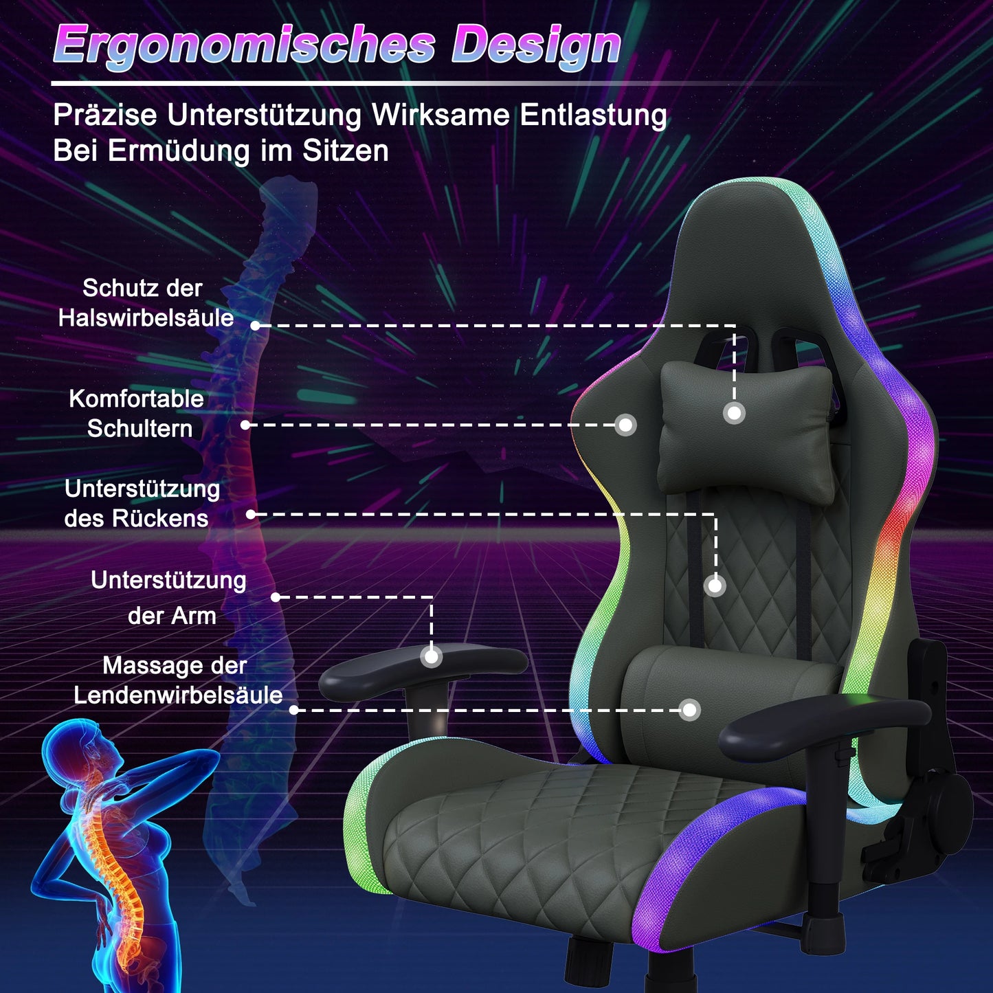 Comanlai Ergonomic Gaming Chair with RGB Lighting, PVC Leather Computer Chair, Adjustable Seat Height and Backrest, Waist Massage