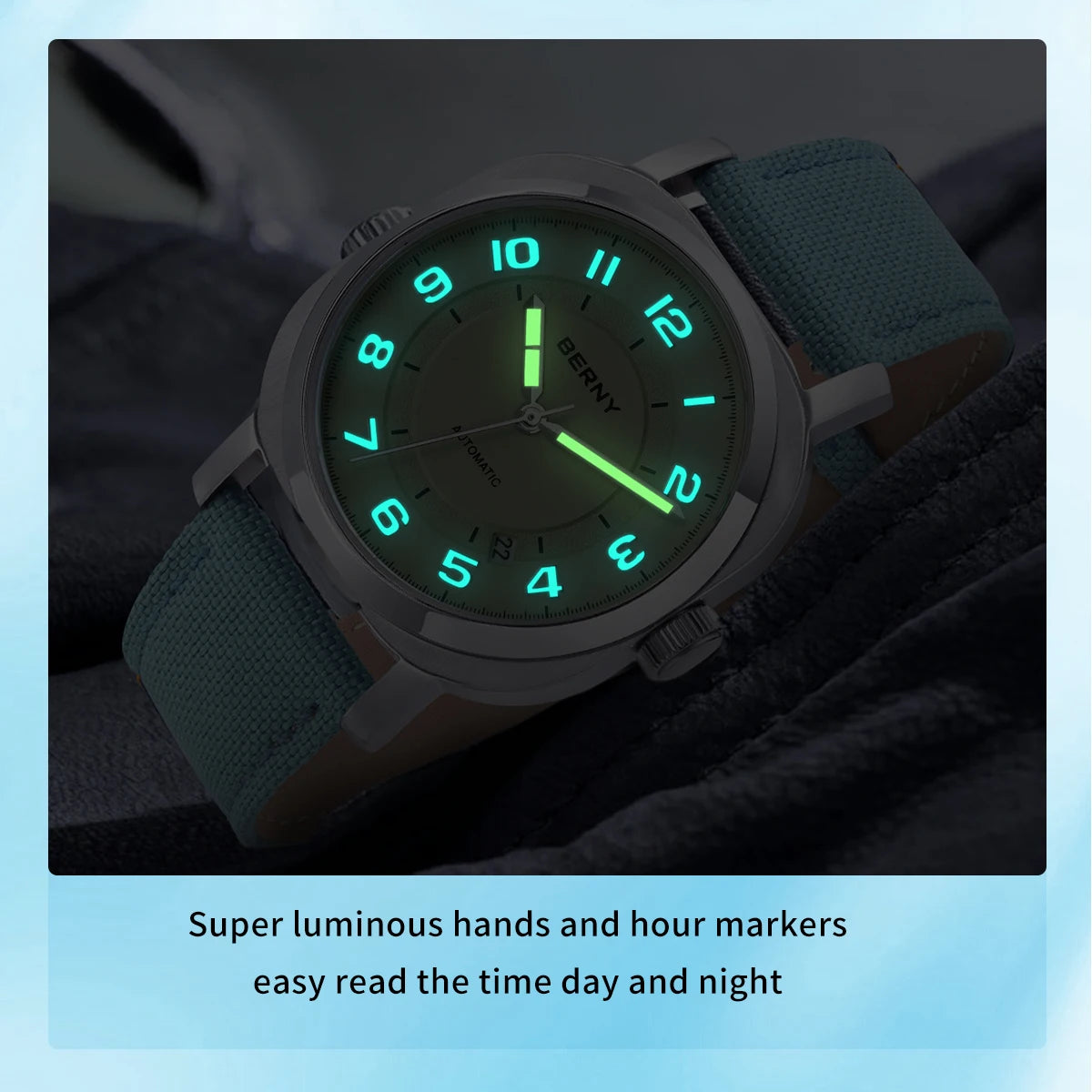 BERNY Mechanical Watch For Women Self-wind Pillow Cushion Sapphire Super Luminous Wristwatch Canvas Calendar Watch For Ladies