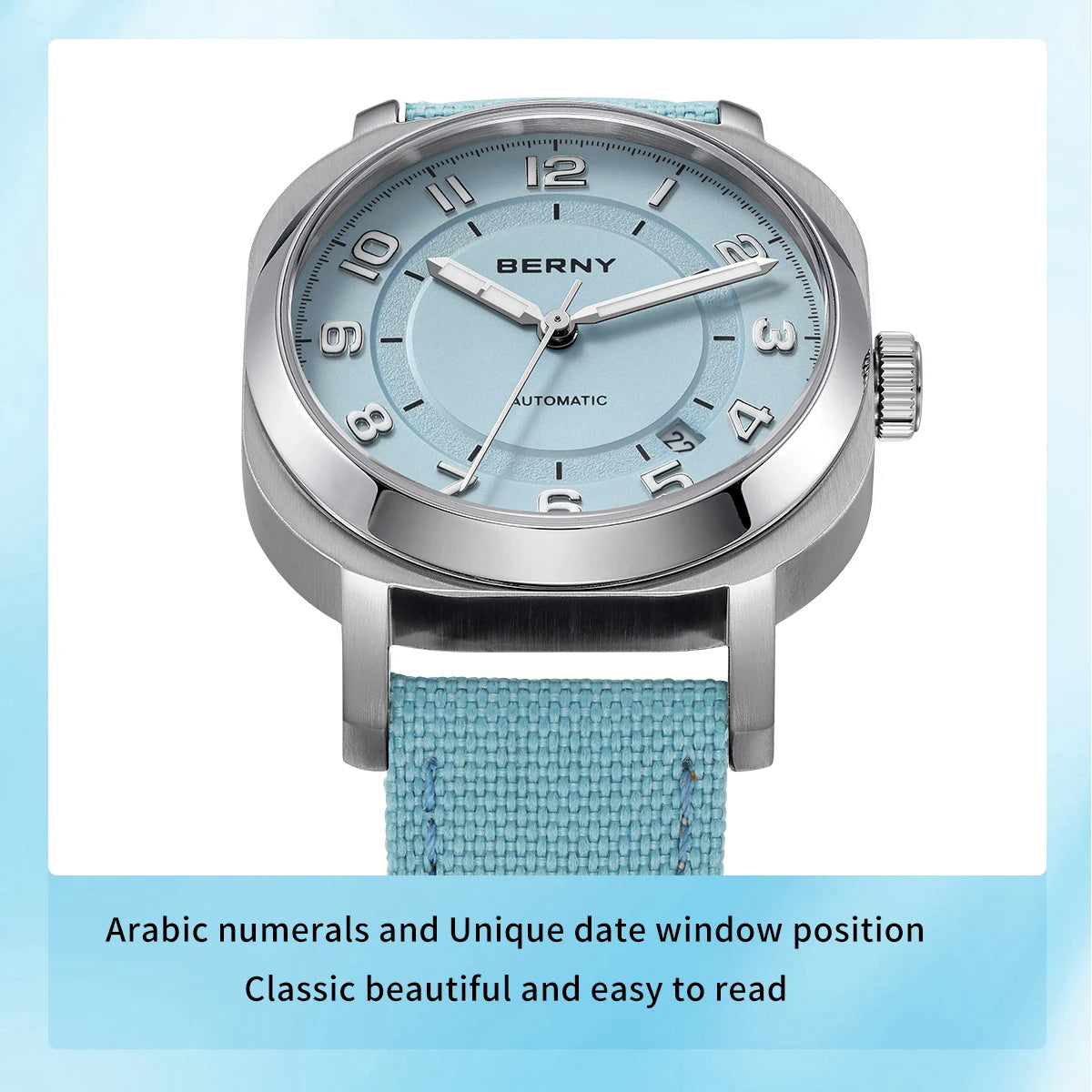 BERNY Mechanical Watch For Women Self-wind Pillow Cushion Sapphire Super Luminous Wristwatch Canvas Calendar Watch For Ladies