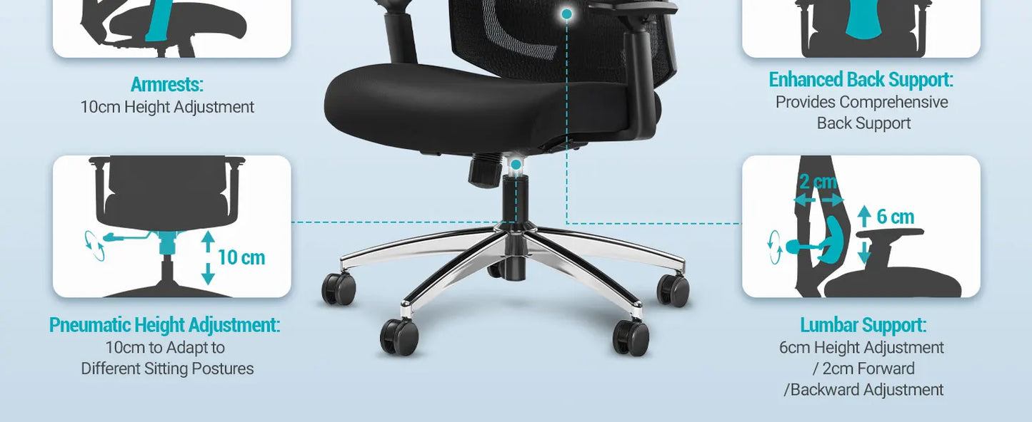 1 Black Ergonomic Office Chair, Computer Chair, Swivel Chair with Adjustable Lumbar Support, Headrest and Armrest, Height Adjustment