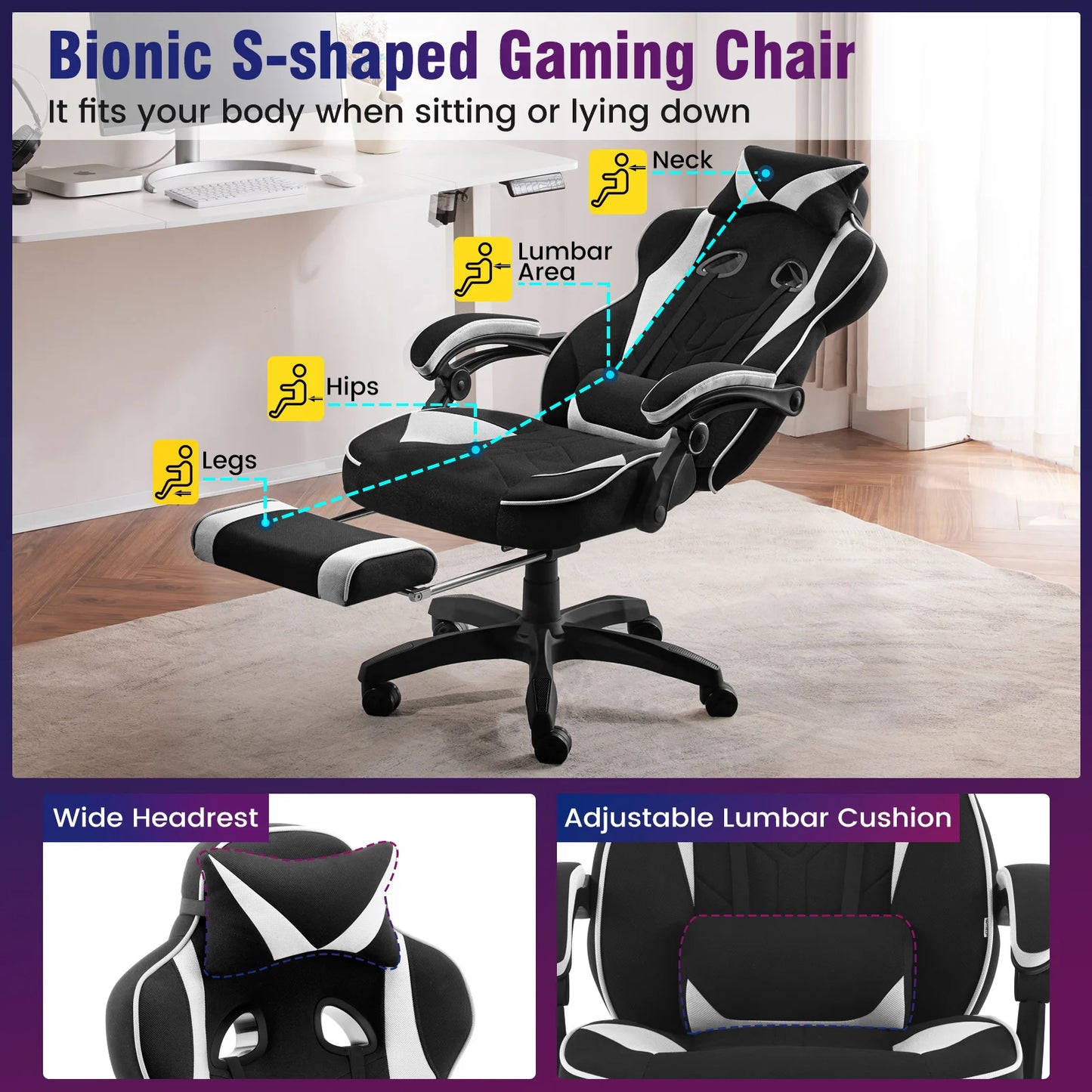 WOLTU Executive Office Chair Breathable Gaming Chair Ergonomic Gamer Computer Chair with Lumbar Cushion Headrest Footrest