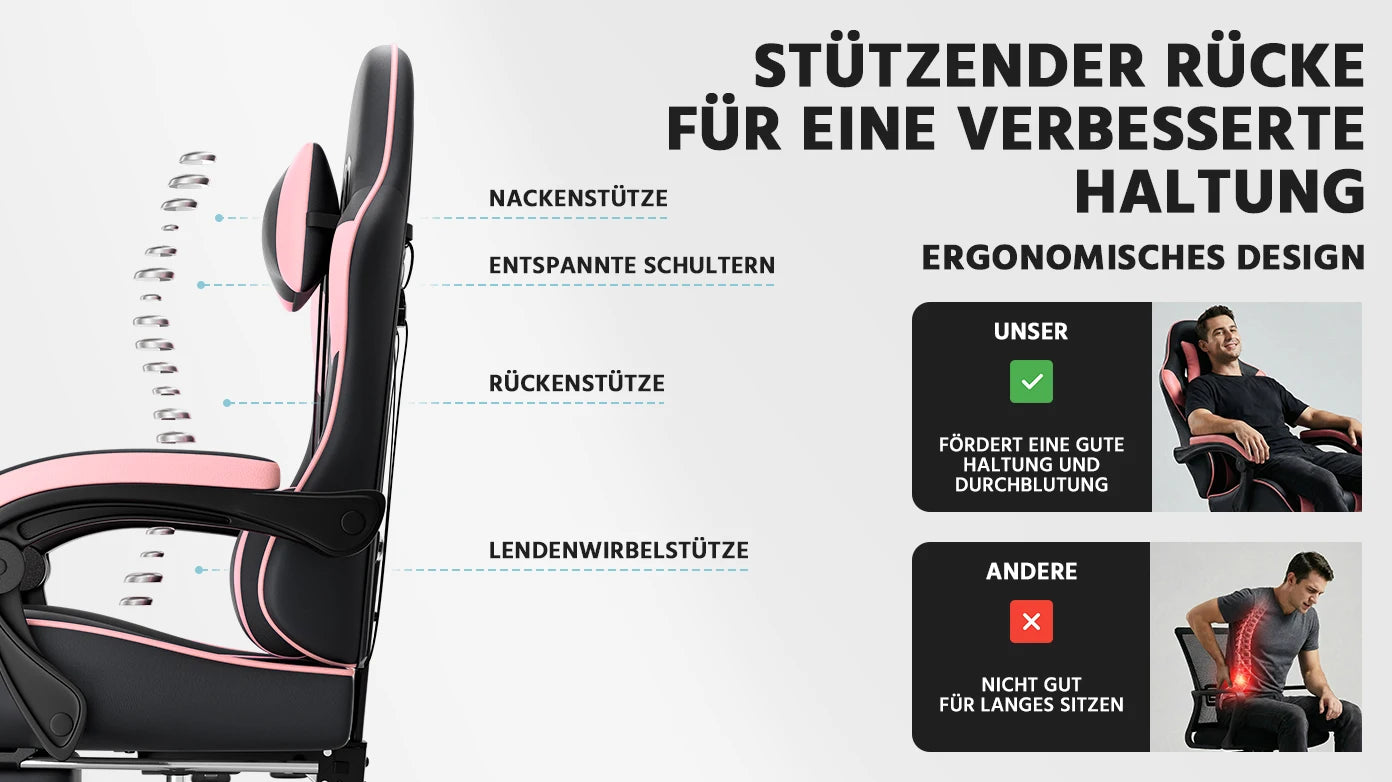Black & Pink Gaming Chair, Ergonomic PU Leather Computer Chair with Footrest, Adjustable Swivel Office Chair with Lumbar Support & Headrest, Breathable High-Back Chair for Gaming & Work