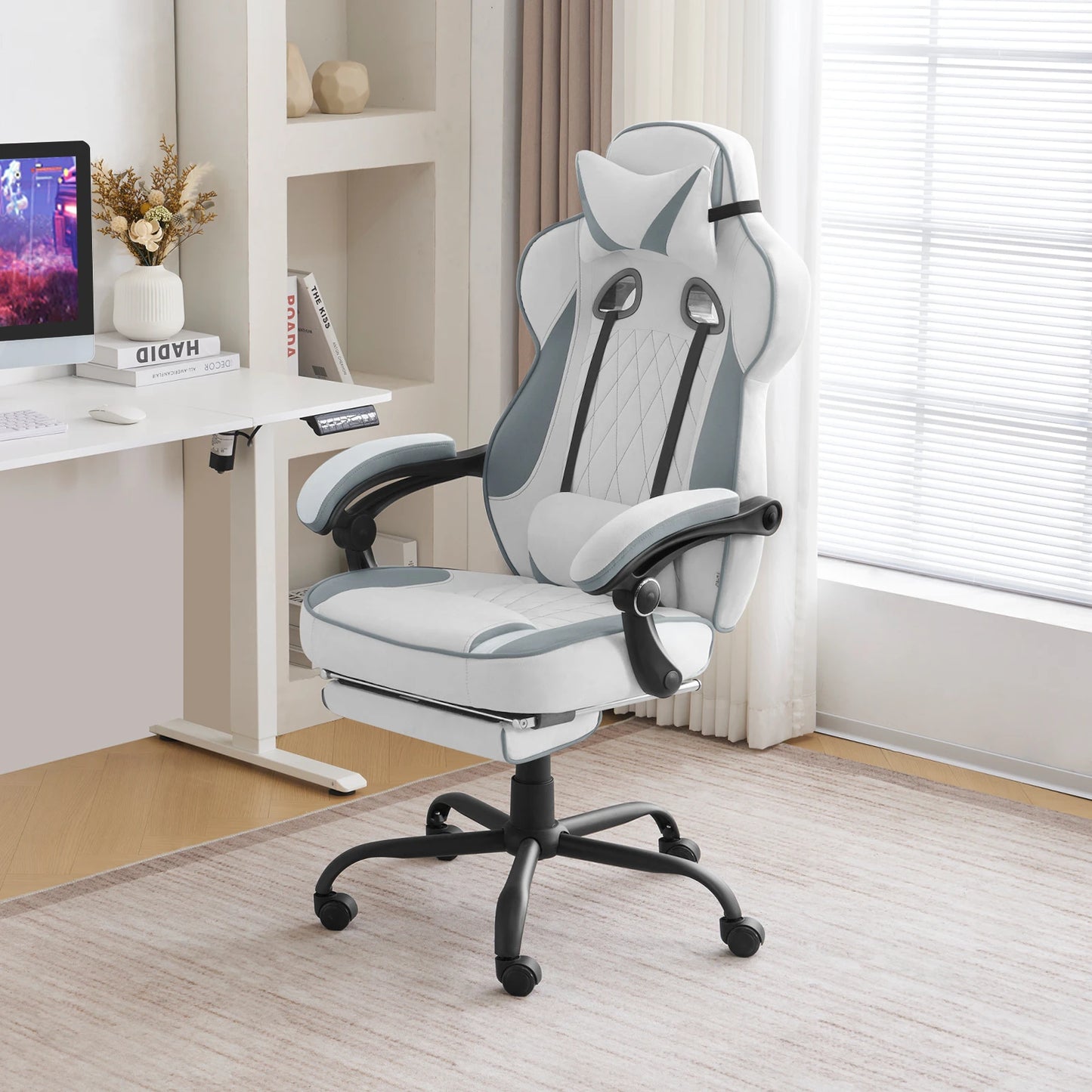 WOLTU Swivel Gaming Chair with Pocket Spring Cushion Ergonomic Office Chair Wide Seat Footrest Rotatable Computer Armchair