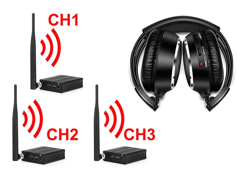 RF Silent Disco Foldable Wireless Headphones Bundle (3 Pcs with 1 Transmitter in 500m) --House Party TV Dancing