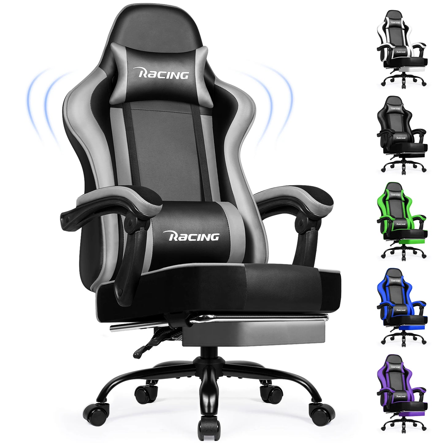 Portreen Ergonomic Gaming Chair with Footrest, Adjustable Lumbar Support, Headrest, 170° Reclining Swivel Gaming Chair for Office & PC Setup