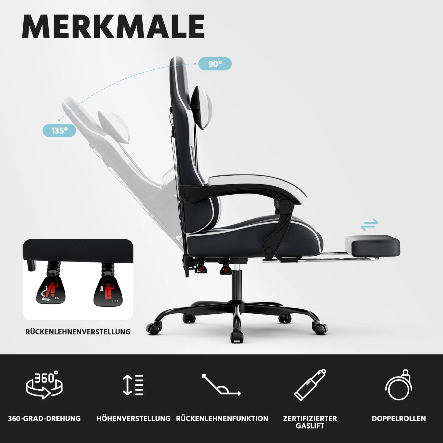 Ergonomic Gaming Chair with Footrest, PU Leather Computer Chair with Lumbar Support, Adjustable Reclining High-Back Swivel Office Chair for Gaming & Work