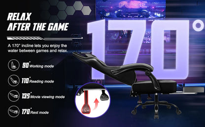 Portreen Ergonomic Gaming Chair with Footrest, Adjustable Lumbar Support, Headrest, 170° Reclining Swivel Gaming Chair for Office & PC Setup