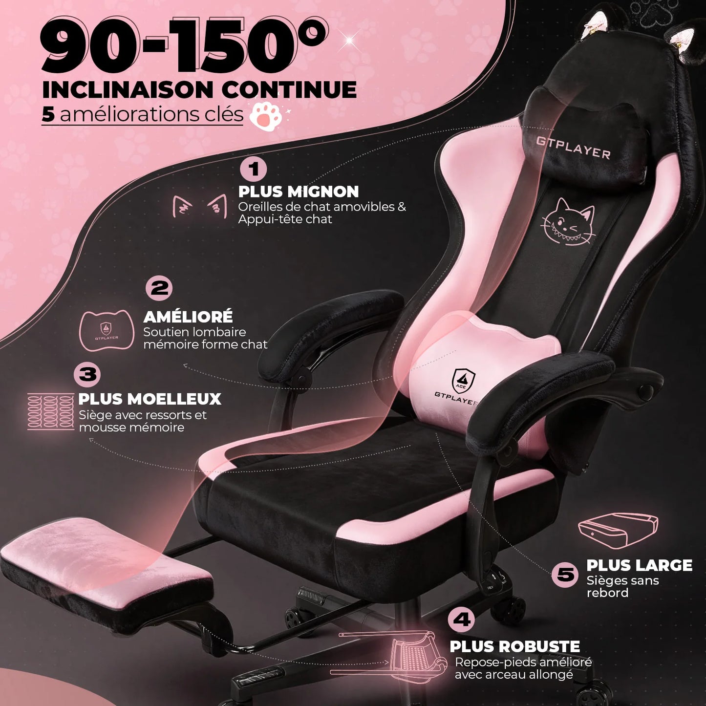 GTPLAYER Cute Gaming Chair with Velvet Fabric Ergonomic Office Chair Gamer Chair with Cat Ears 150kg Pink