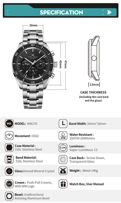 Relógio WM Automático Mecânico 200M Impermeável Casual Clássico Business Welly Merck Relógios para Homem 170M-WM