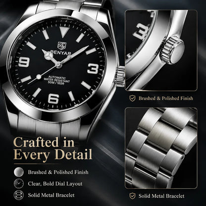 BENYAR Luxury Men Mechanical Wristwatches Stainless Steel Sports Men Automatic Watches 50ATM waterproof Clock