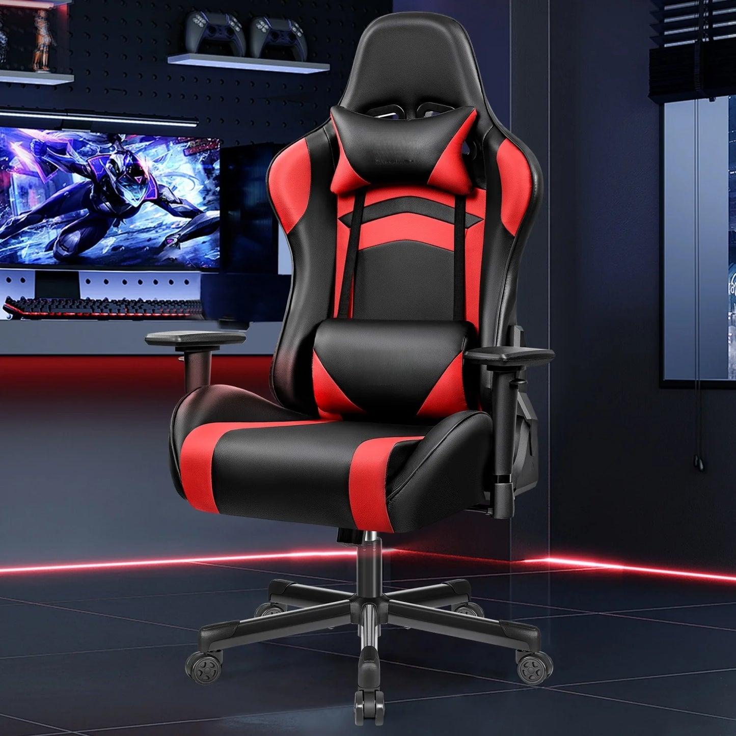 Ergonomic Gaming Chair with Lumbar Support & Headrest, PU Leather Adjustable Gaming Chair, Reclining Swivel Office Chair for Home Office & Gaming