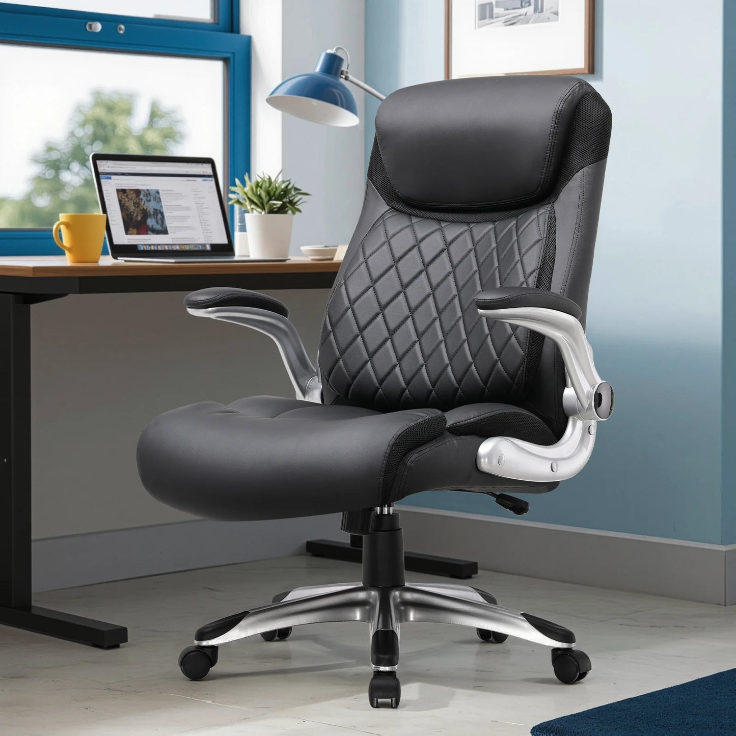 COMHOMA Office Chair Ergonomic Desk Chair with Folding Armrests with High Backrest, Scratch Resistant Leather