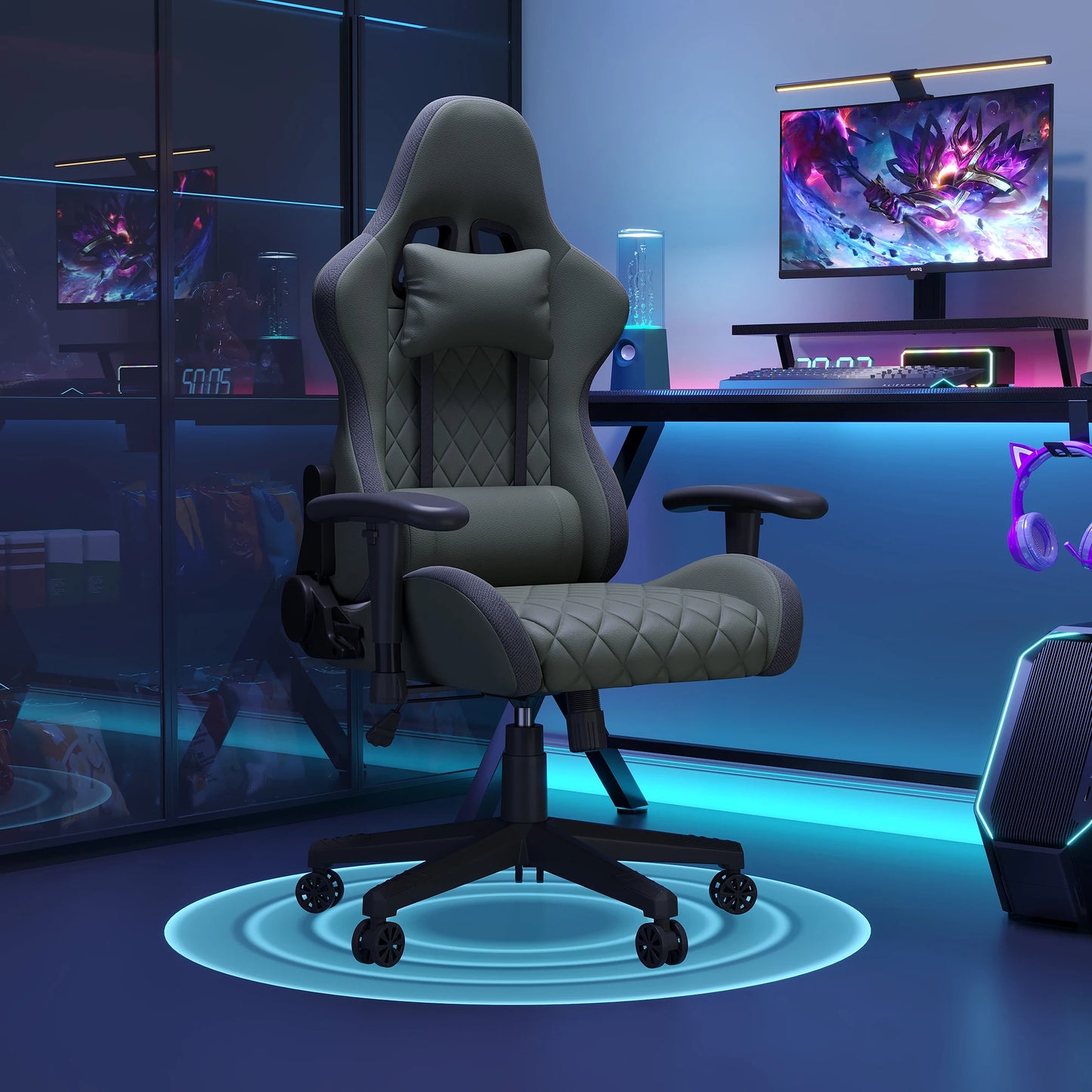 Comanlai Ergonomic Gaming Chair with RGB Lighting, PVC Leather Computer Chair, Adjustable Seat Height and Backrest, Waist Massage