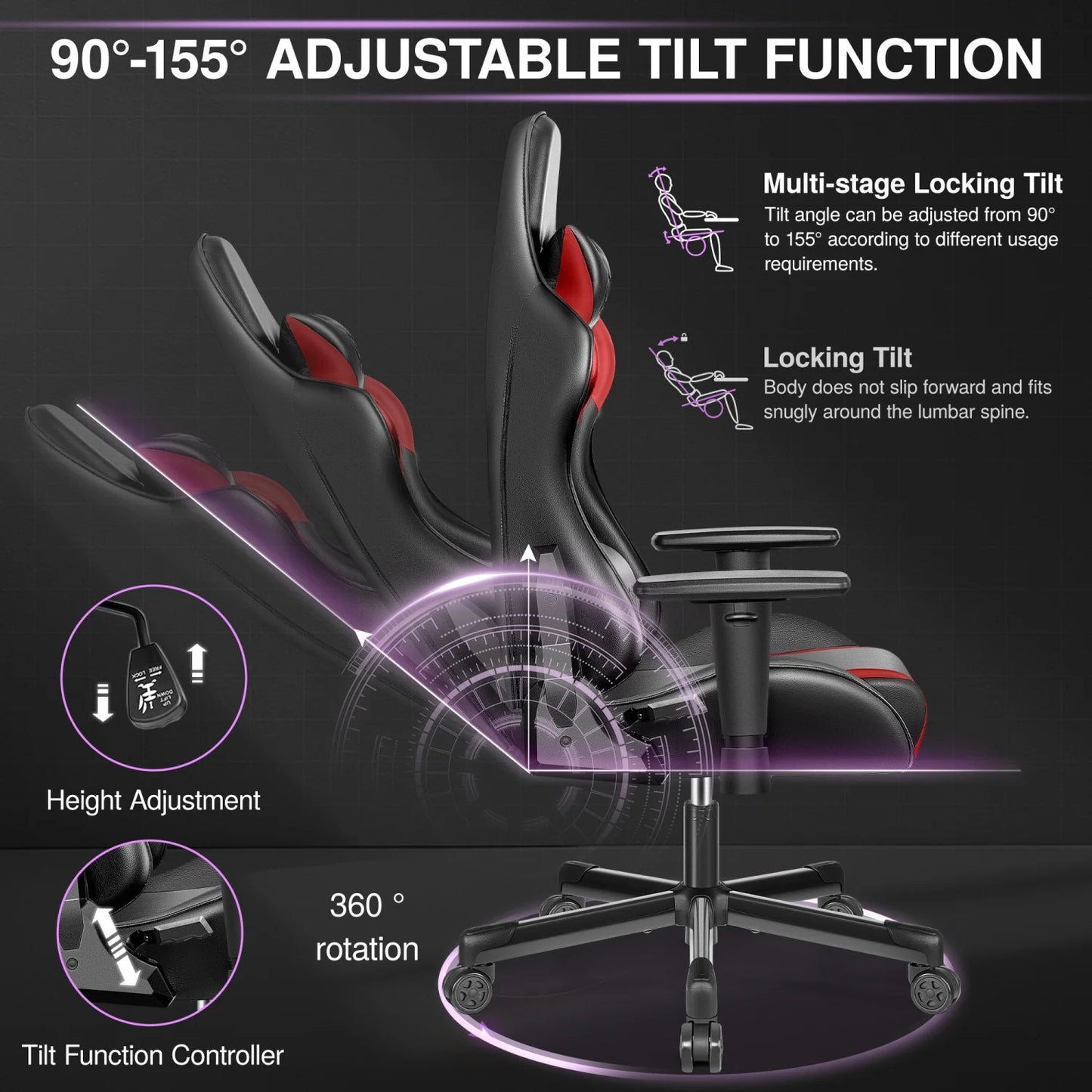 Ergonomic Gaming Chair with Lumbar Support & Headrest, PU Leather Adjustable Gaming Chair, Reclining Swivel Office Chair for Home Office & Gaming