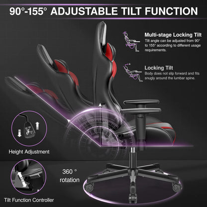 Ergonomic Gaming Chair with Lumbar Support & Headrest, PU Leather Adjustable Gaming Chair, Reclining Swivel Office Chair for Home Office & Gaming
