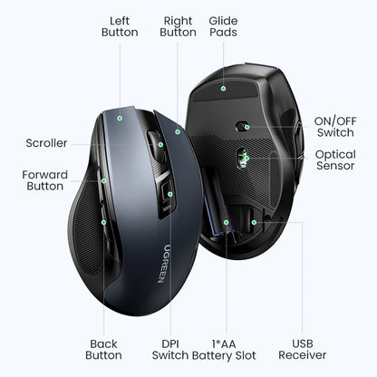Rato sem fios UGREEN Bluetooth 5.0 ergonómico 4000DPI com 6 botões silenciosos para MacBook, tablet, portáteis, computador e PC, rato 2.4G