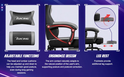 Portreen Ergonomic Gaming Chair with Footrest, Adjustable Lumbar Support, Headrest, 170° Reclining Swivel Gaming Chair for Office & PC Setup