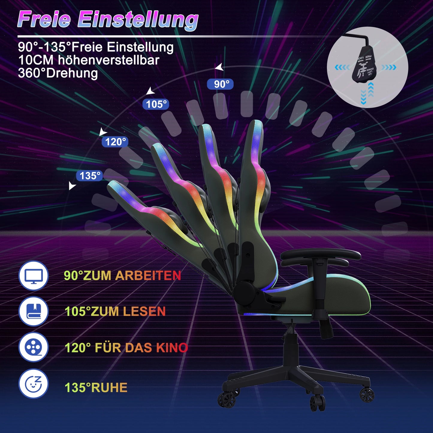 Comanlai Ergonomic Gaming Chair with RGB Lighting, PVC Leather Computer Chair, Adjustable Seat Height and Backrest, Waist Massage