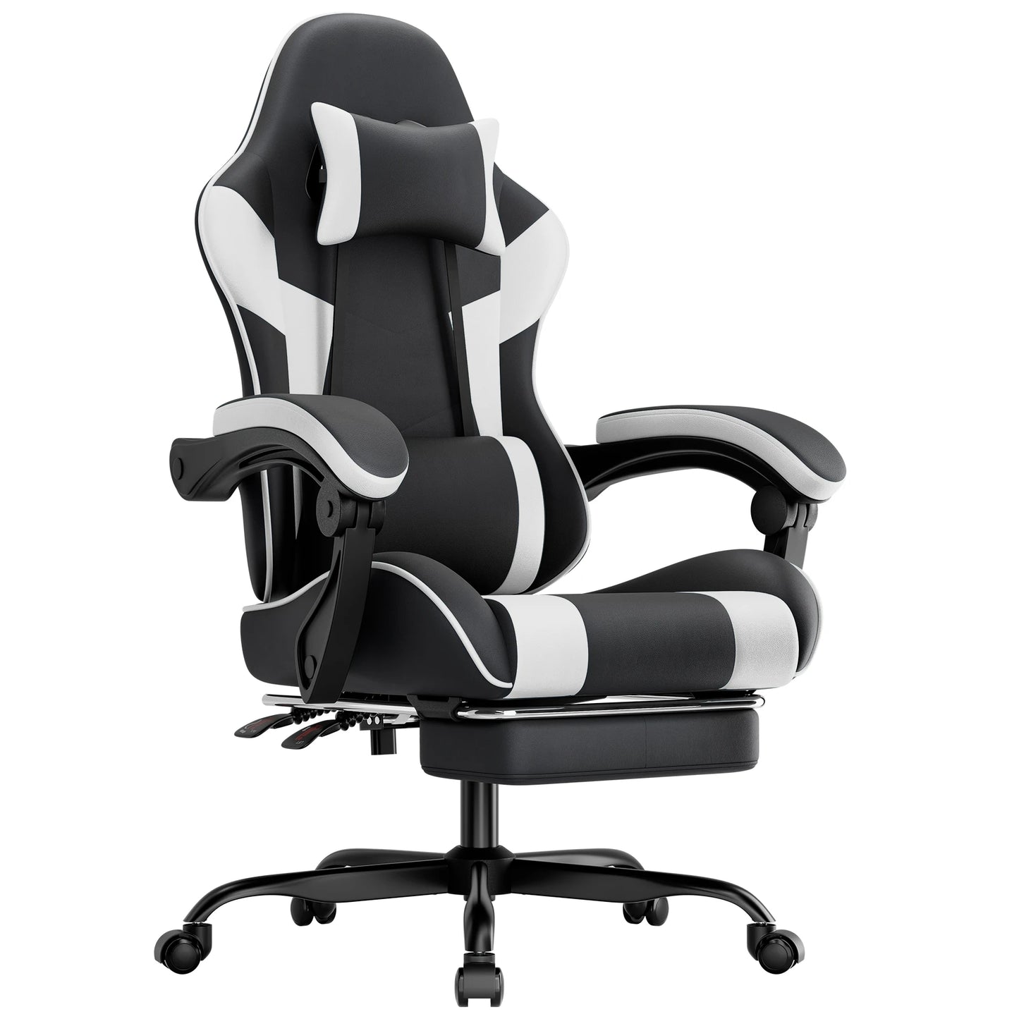 Ergonomic Gaming Chair with Footrest, PU Leather Computer Chair with Lumbar Support, Adjustable Reclining High-Back Swivel Office Chair for Gaming & Work