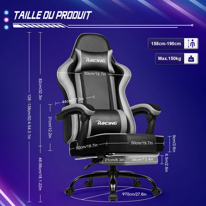 Portreen Ergonomic Gaming Chair with Footrest, Adjustable Lumbar Support, Headrest, 170° Reclining Swivel Gaming Chair for Office & PC Setup