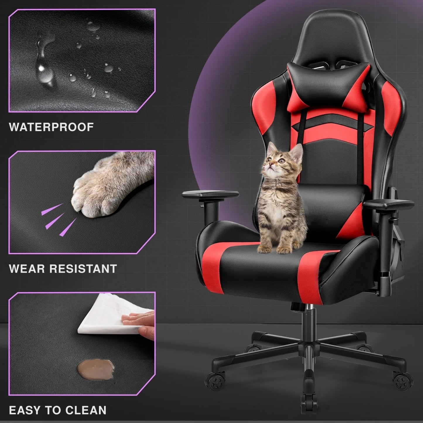 Ergonomic Gaming Chair with Lumbar Support & Headrest, PU Leather Adjustable Gaming Chair, Reclining Swivel Office Chair for Home Office & Gaming