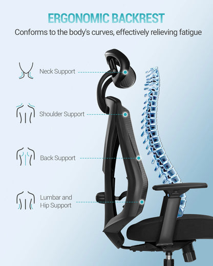 1 Black Ergonomic Office Chair, Computer Chair, Swivel Chair with Adjustable Lumbar Support, Headrest and Armrest, Height Adjustment
