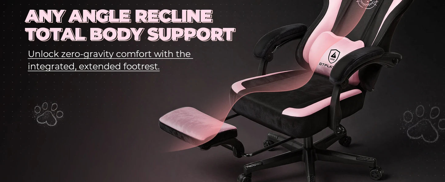 GTPLAYER Cute Gaming Chair with Velvet Fabric Ergonomic Office Chair Gamer Chair with Cat Ears 150kg Pink