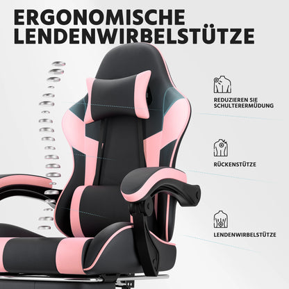 Black & Pink Gaming Chair, Ergonomic PU Leather Computer Chair with Footrest, Adjustable Swivel Office Chair with Lumbar Support & Headrest, Breathable High-Back Chair for Gaming & Work
