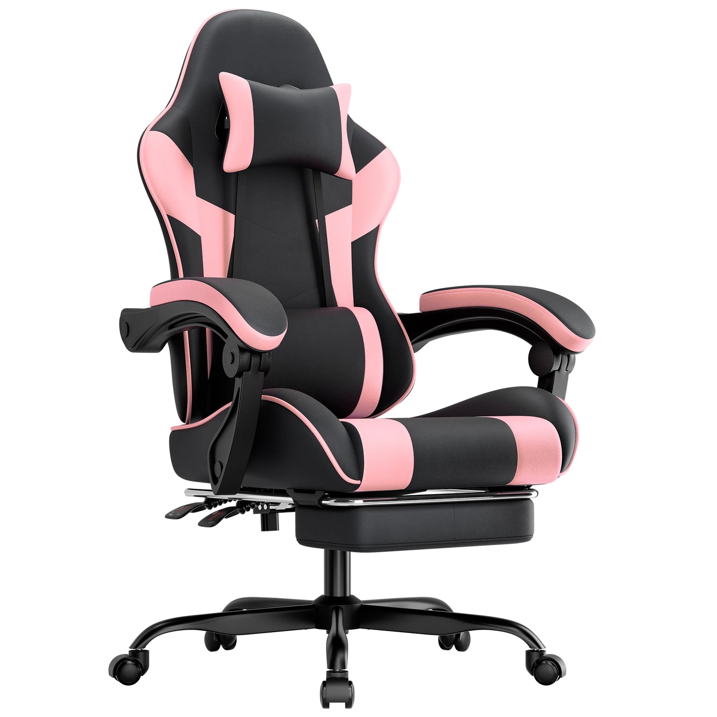 Black & Pink Gaming Chair, Ergonomic PU Leather Computer Chair with Footrest, Adjustable Swivel Office Chair with Lumbar Support & Headrest, Breathable High-Back Chair for Gaming & Work