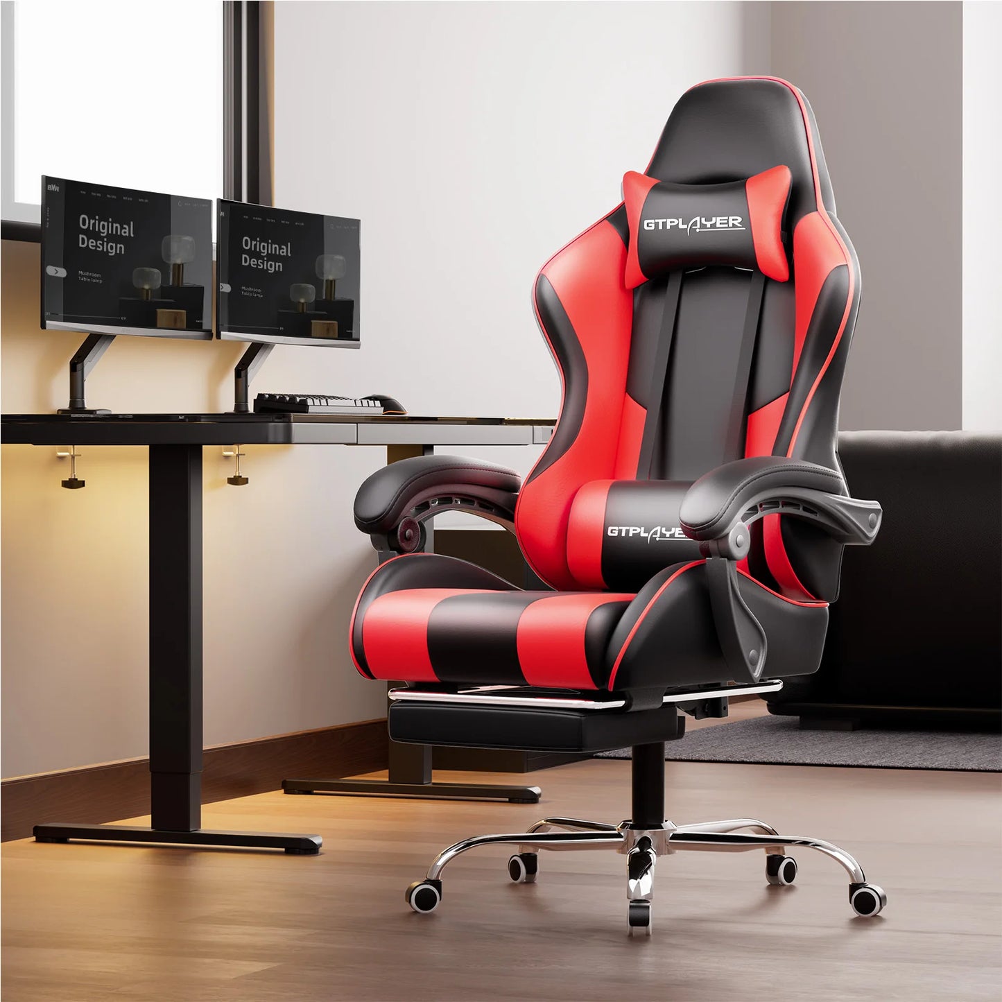GTPLAYER Gaming Chair with Massage Lumbar Cushion & Footrest, Ergonomic Office Chair with Padded Seat, Swivel Chair up to 150 kg