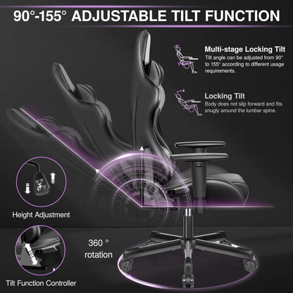 Gaming Chair, Ergonomic, PU Leather, Adjustable Armrests, Waterproof, Max 150kg, Black/Gray