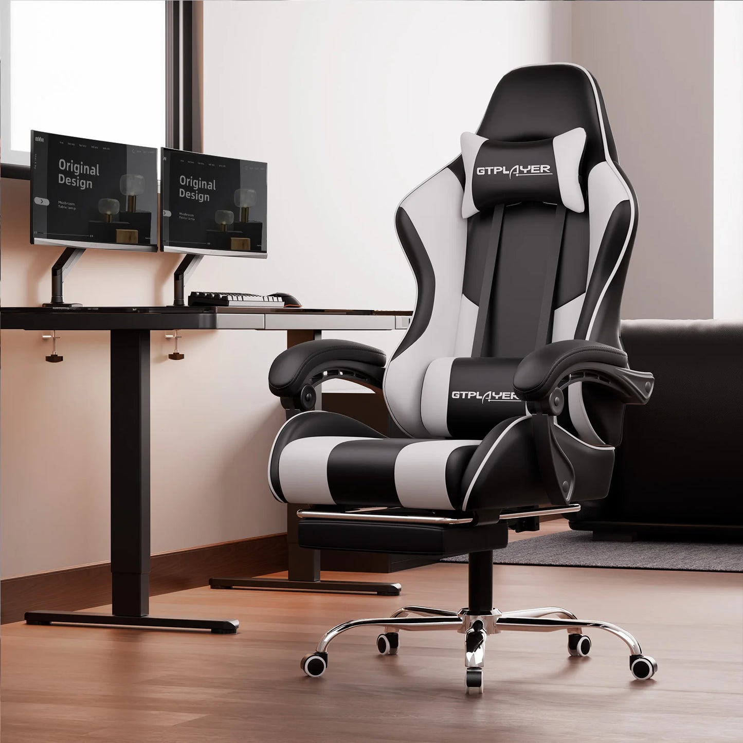 GTPLAYER Gaming Chair with Massage Lumbar Cushion & Footrest, Ergonomic Office Chair with Padded Seat, Swivel Chair up to 150 kg