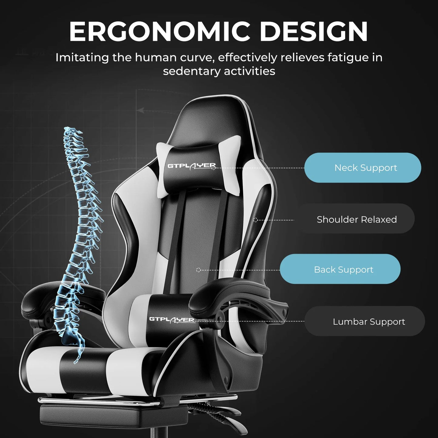 GTPLAYER Gaming Chair with Massage Lumbar Cushion & Footrest, Ergonomic Office Chair with Padded Seat, Swivel Chair up to 150 kg