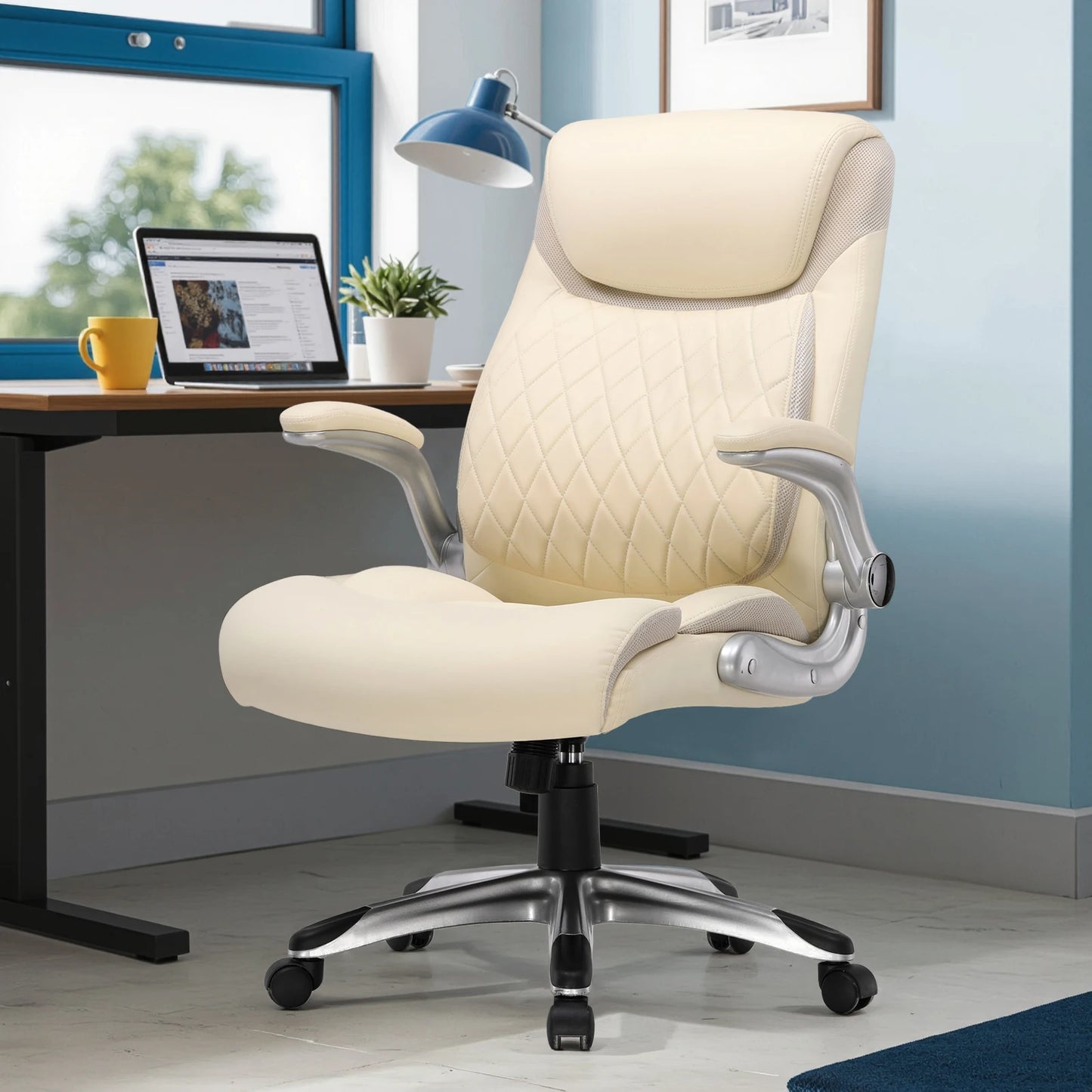 COMHOMA Office Chair Ergonomic Desk Chair with Folding Armrests with High Backrest, Scratch Resistant Leather