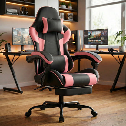 Black & Pink Gaming Chair, Ergonomic PU Leather Computer Chair with Footrest, Adjustable Swivel Office Chair with Lumbar Support & Headrest, Breathable High-Back Chair for Gaming & Work