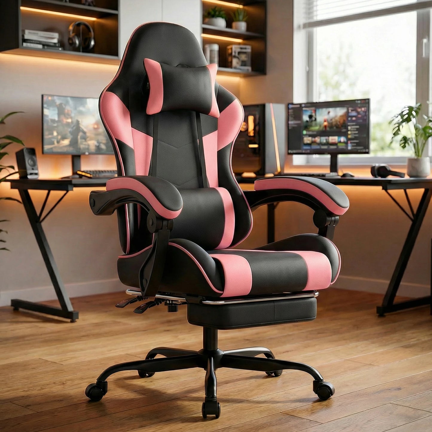 Black & Pink Gaming Chair, Ergonomic PU Leather Computer Chair with Footrest, Adjustable Swivel Office Chair with Lumbar Support & Headrest, Breathable High-Back Chair for Gaming & Work